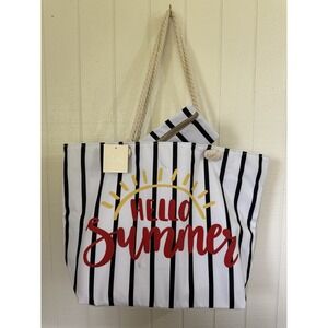 Riah Fashion Hello Summer Beach Tote Bag Striped Canvas Rope Handle with Pouch